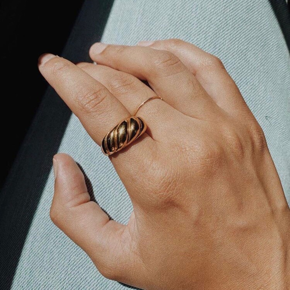 Gold Dome Croissant Signet Stackable Band Ring - Picture 1 of 8